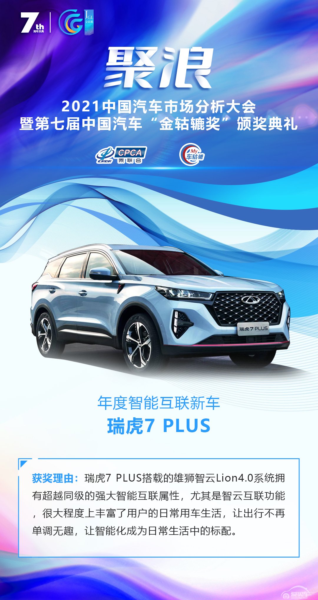 2021第七届中国汽车“金轱辘奖”年度智能互联新车：瑞虎7 PLUS