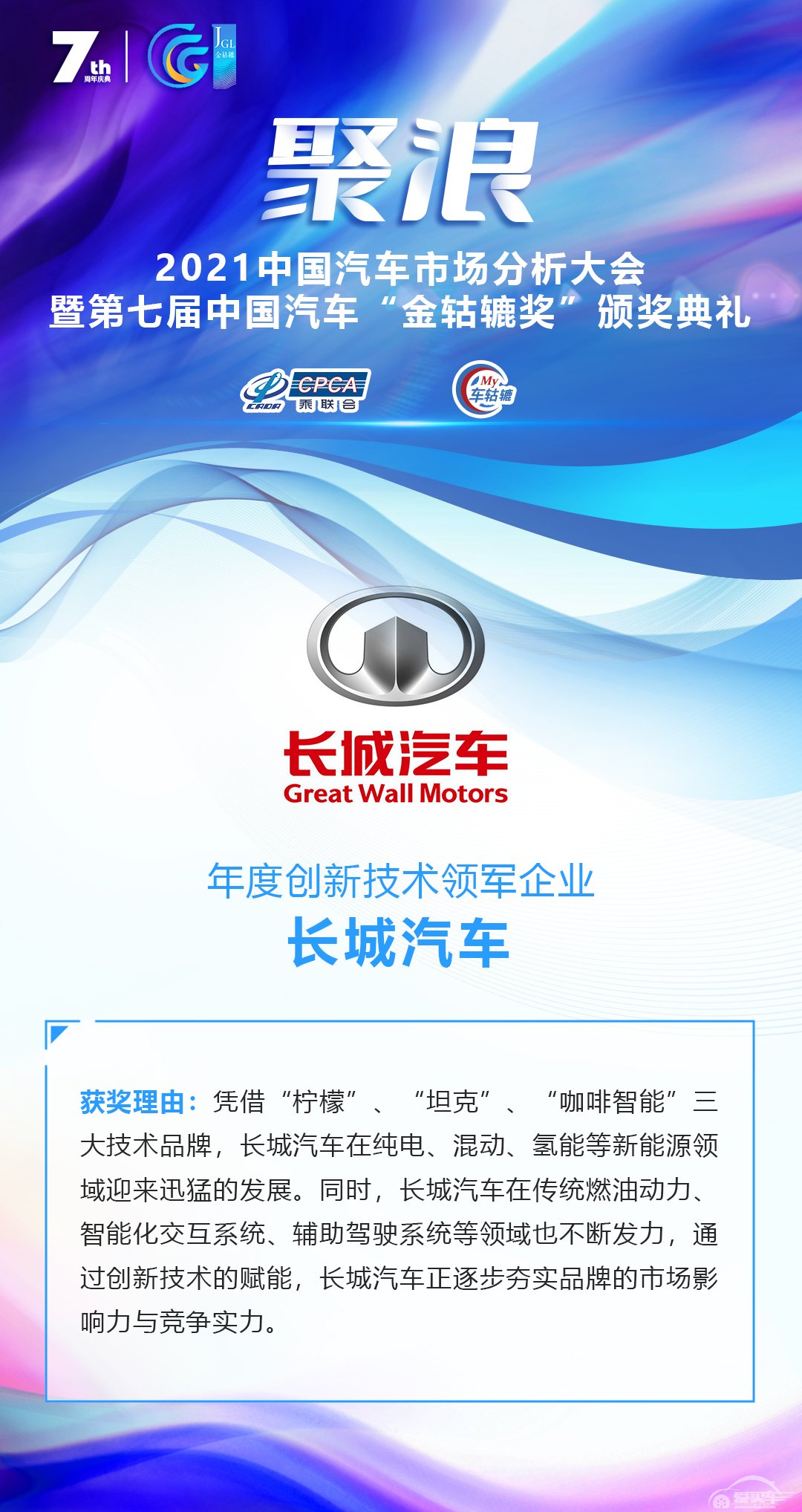 2021第七届中国汽车“金轱辘奖”年度创新技术领军企业：长城汽车