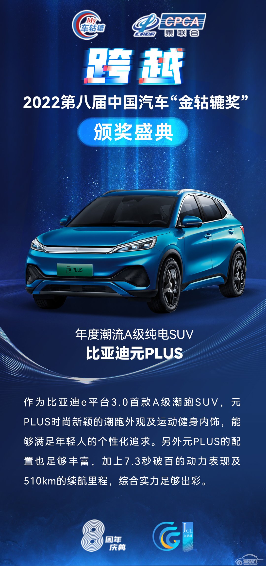 2022第八届中国汽车“金轱辘奖”年度潮流A级纯电SUV——比亚迪元PLUS