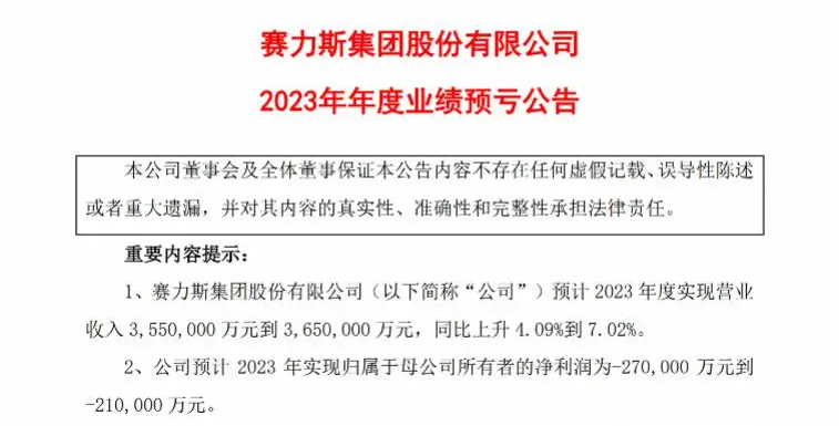 行业丨谁赚了谁亏了？比亚迪、赛力斯等车企发布2023年业绩预告