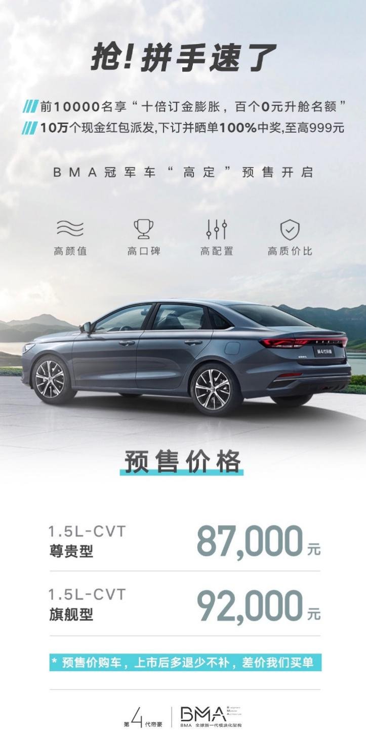 第4代帝豪预售价8.7万元起，前1万名预订立享5000元现金优惠！