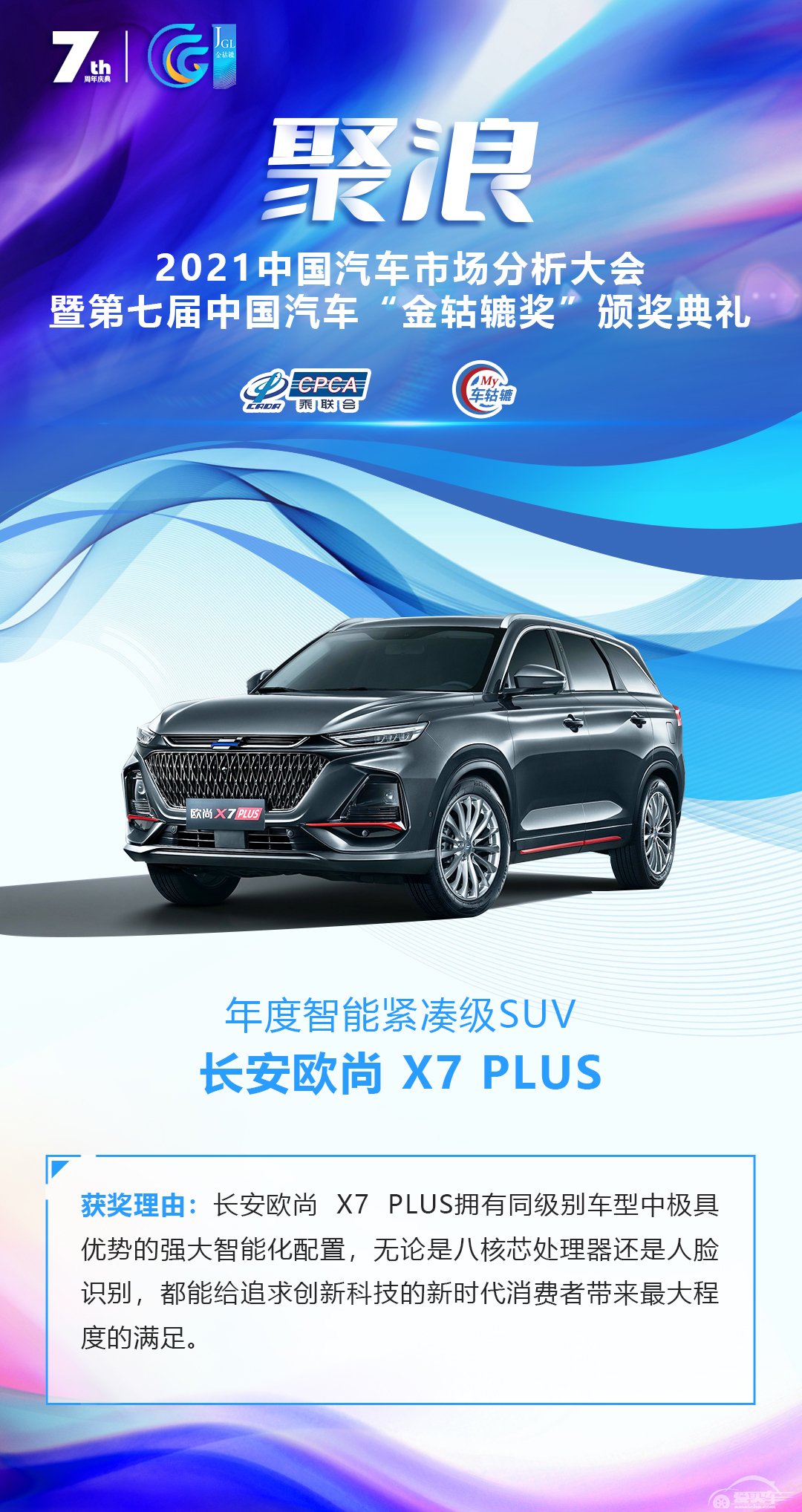 2021第七届中国汽车“金轱辘奖”年度智能紧凑级SUV：长安欧尚 X7 PLUS