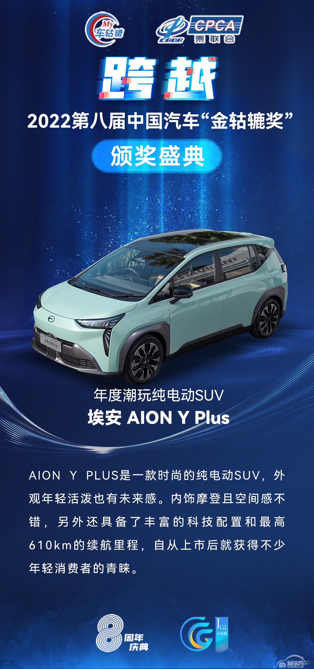 2022第八届中国汽车“金轱辘奖”年度潮玩纯电动SUV： 埃安 AION Y Plus年度潮玩纯电动SUV： 埃安 AI